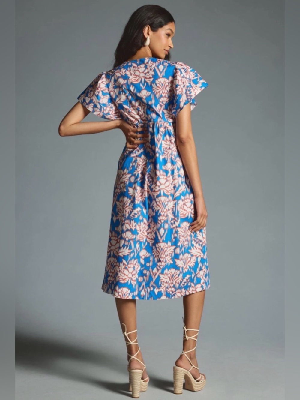 Anthropologie Maeve Blue Printed Flutter-Sleeve Babydoll Dress, Floral, Large - Picture 7 of 9